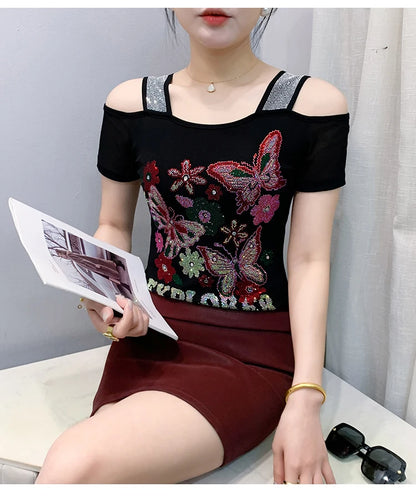 New Arrival Summer European Clothes Women's T-Shirts Chic Luxury Butterfly Hot Diamonds Tees Sexy Girl Slim Streetwear Tops