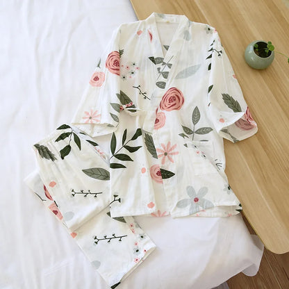 Japanese-style kimono cotton fresh style pajamas suit female casual spring and summer pajamas pajamas two-piece home service 07