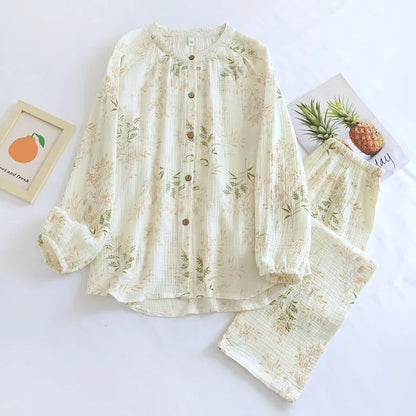 2025 New Spring and Autumn Women's Pajama Set 100% Cotton Crepe Printed Long Sleeve Pants Two Piece Home Suit Set Sleepwear 02