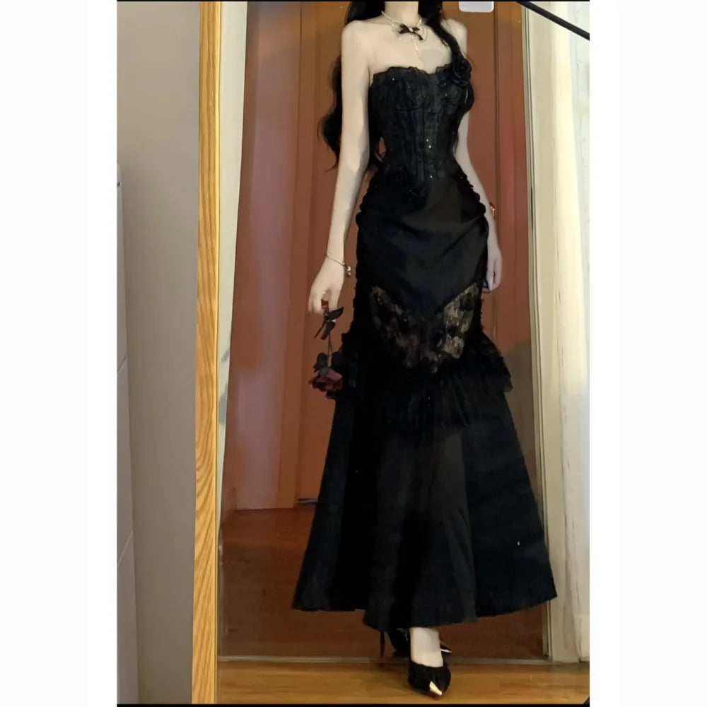 Summer Gothic Grunge Y2k Lace Dress Women Dark Academia Sexy Slim Party Dresses Korean Fashion Design Festival Long Prom Dress D5
