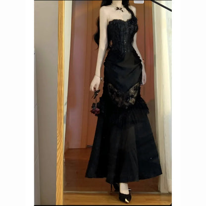 Summer Gothic Grunge Y2k Lace Dress Women Dark Academia Sexy Slim Party Dresses Korean Fashion Design Festival Long Prom Dress D5