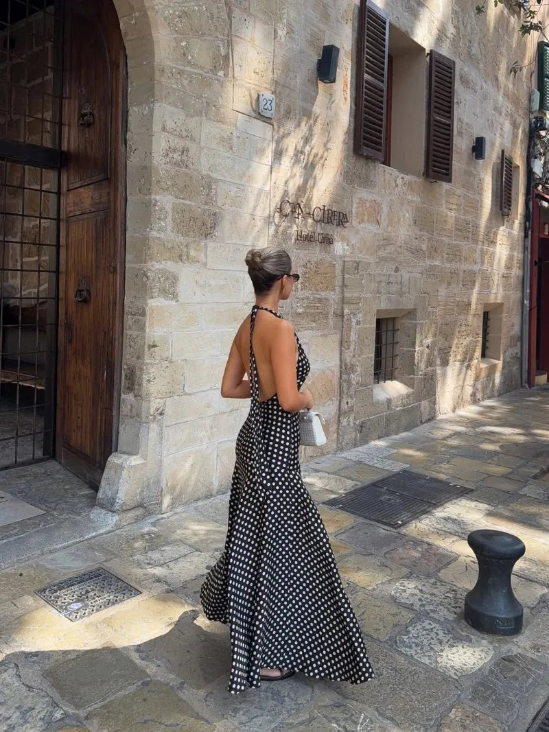 Trendix Polka Dot Print Backless Dress Women Summer Sexy Deep V Neck Sleeveless Off Shoulder Maxi Dresses Elegant Evneing Dress