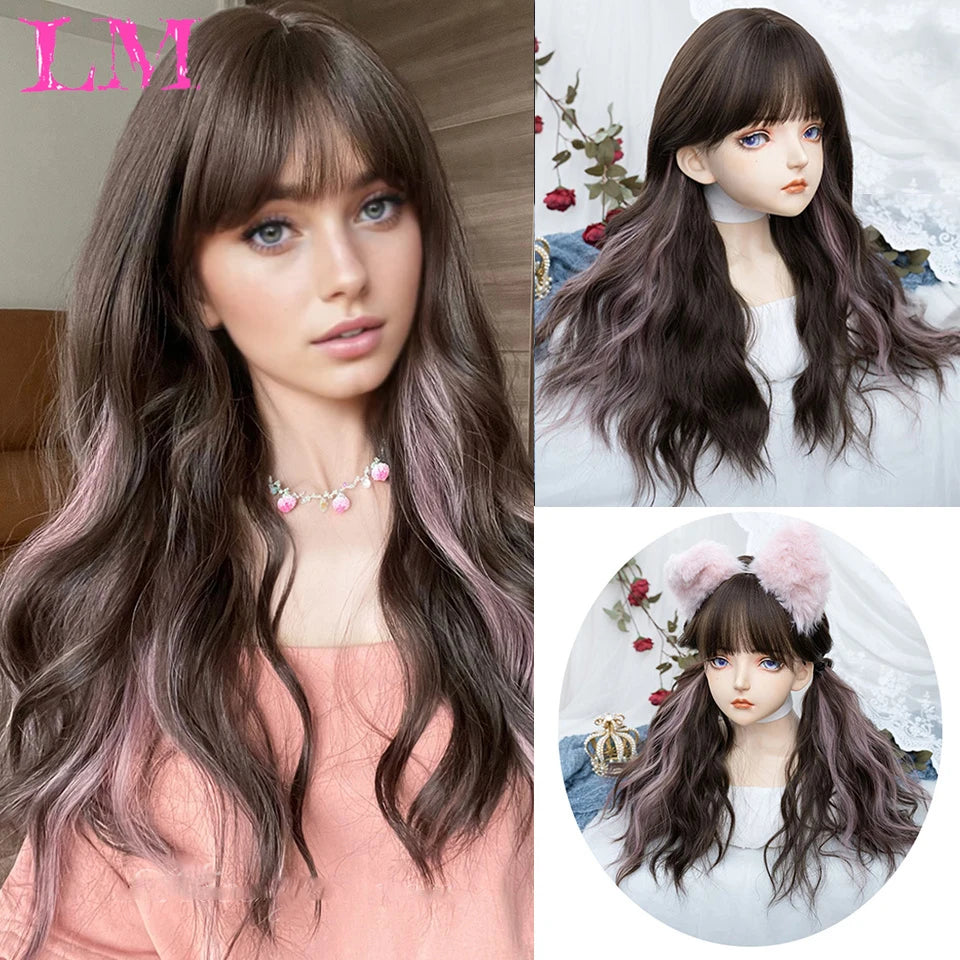 LM Long Silky Straight Synthetic Wigs with Bangs Black Cosplay Party Lolita Hair Wigs for Women Natural Heat Resistant Wig GRAY