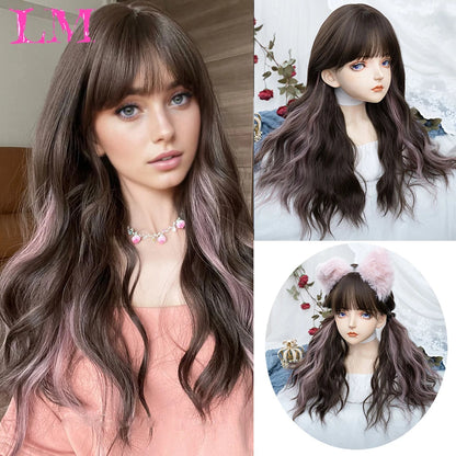 LM Long Silky Straight Synthetic Wigs with Bangs Black Cosplay Party Lolita Hair Wigs for Women Natural Heat Resistant Wig GRAY