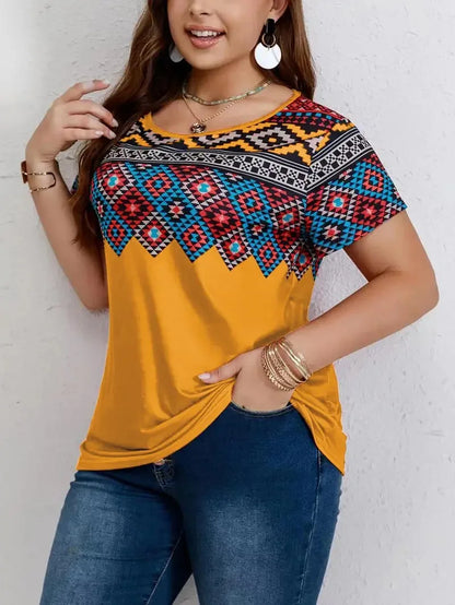 Women T Shirt Plus Size Tops Fashion clothes Women's Plus Southwestern Print Casual Tees Round Neck Short Sleeve T-shirt Tops CTX-186