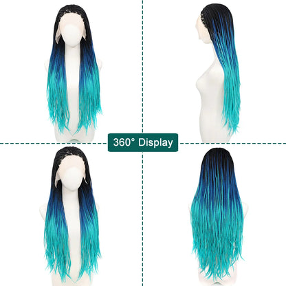 Ombre Blue Box Braided Wigs for Women 26inch Knotless Goddess Box Braid Lace Front Wig Colored Crochet Braid Synthetic Wig