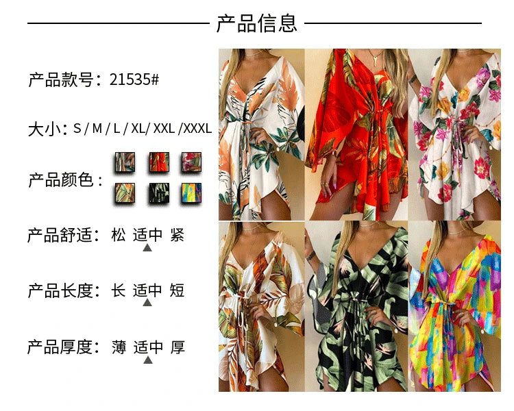 Sexy Women Mini Dress Floral Print V Neck 3/4 Bat Sleeve Lace Up Irregular Hem Casual Loose Beach Cover Up Dress Vestido Mujer