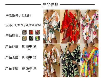 Sexy Women Mini Dress Floral Print V Neck 3/4 Bat Sleeve Lace Up Irregular Hem Casual Loose Beach Cover Up Dress Vestido Mujer