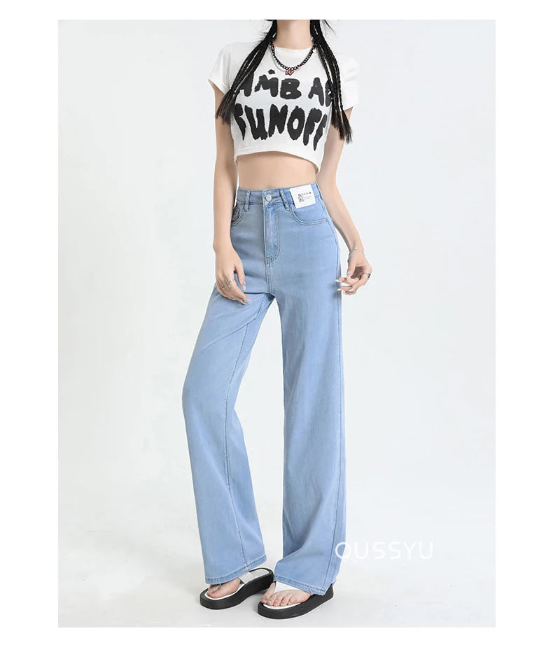 New Summer Soft Lyocell Jeans Women Blue Khaki White High Waist Straight Thin Wide Leg Denim Pants Y2k Loose Female Clothing 2XL