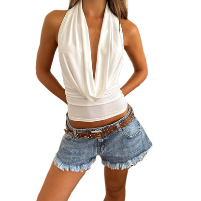 Women Cowl Neck Halter Tops Sexy Draped Front Low Cut Backless Tank Top Ruched Open Back Y2k Coquette Party Club Crop Tops B