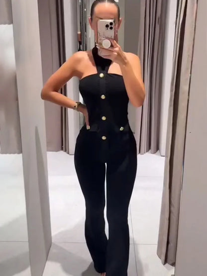 HH Women 2-Piece Set Elasticity Neck Halter Button Design Sleeveless Backless Sexy Top+Casual Elastic Waist Slim Long Pant Badiee Stylez
