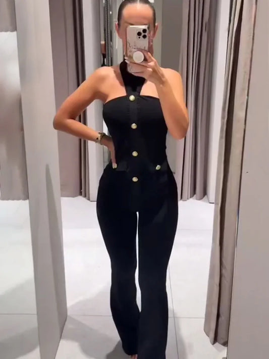 HH Women 2-Piece Set Elasticity Neck Halter Button Design Sleeveless Backless Sexy Top+Casual Elastic Waist Slim Long Pant Badiee Stylez