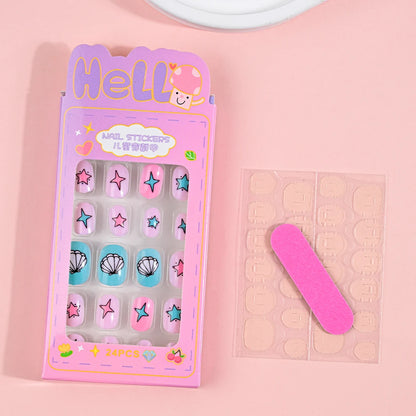 24Pcs Children Cartoon Nail Tips Colorful Cute Rabbit Pink Stars 6-14 Years old Girl Fake Nail With Jelly Glue Kids False Nail TC0018-2
