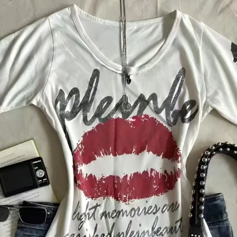 American Retro Sweetheart Red Lips Letter Print Slim Short-sleeved T-shirt Women Summer Fashion Street Hot Sexy Casual Top