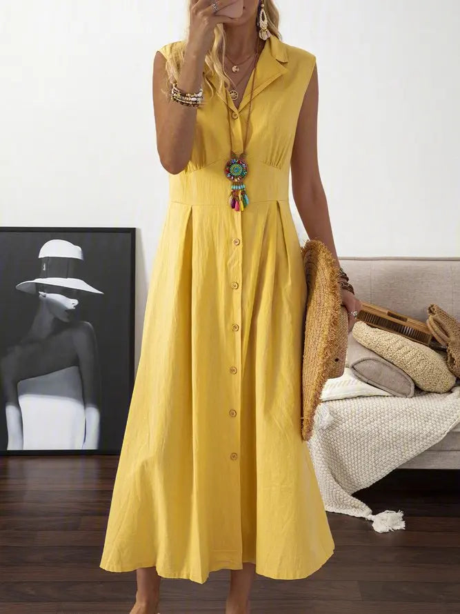 New Dresses 2025 Woman Fashion Lapel A-line Vintage Cotton Linen Long Skirt Women's Clothing Tops Yellow