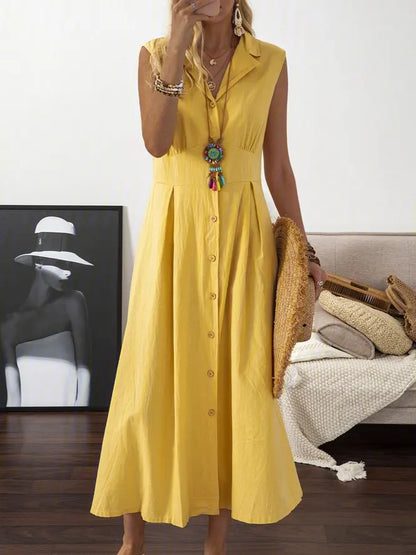 New Dresses 2025 Woman Fashion Lapel A-line Vintage Cotton Linen Long Skirt Women's Clothing Tops Yellow