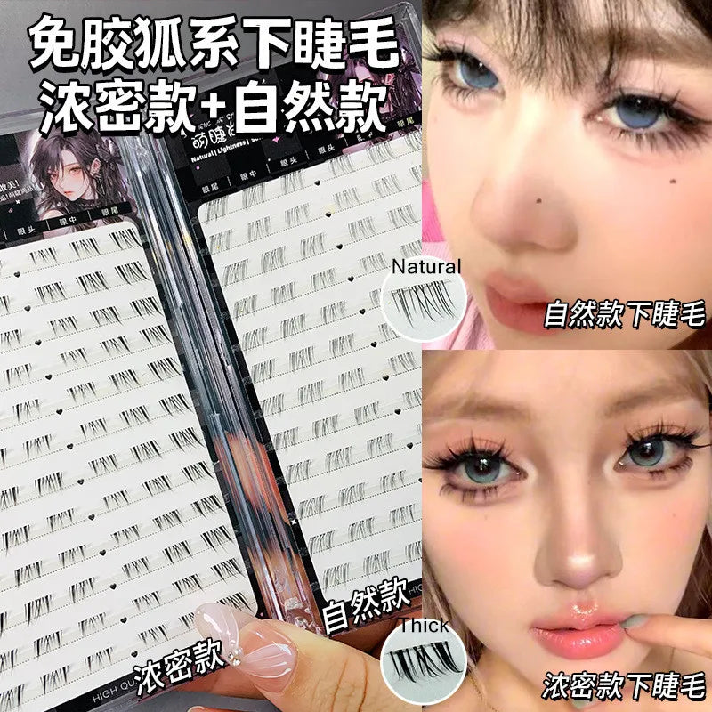 Self-adhesive Glue-free Lower False Eyelashes Fox Eyes Effect Winged Thick Segmented Under Lash Easy Application