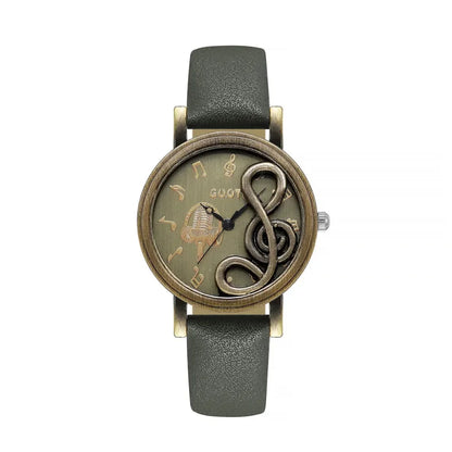Vintage Women Watches Personalized Music 3D Style Leather Band Ladies Dress Waches Casual Outdoor Wristwatch Relogio Feminino Green