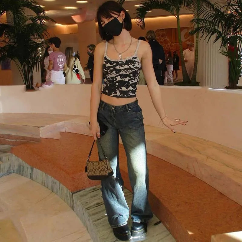 Gothic Portrait Print T-shirt Aesthetic Y2K Crop Tops Short Sleevle Vest Tees Harajuku Streetwear White Suspenders Women Clothes