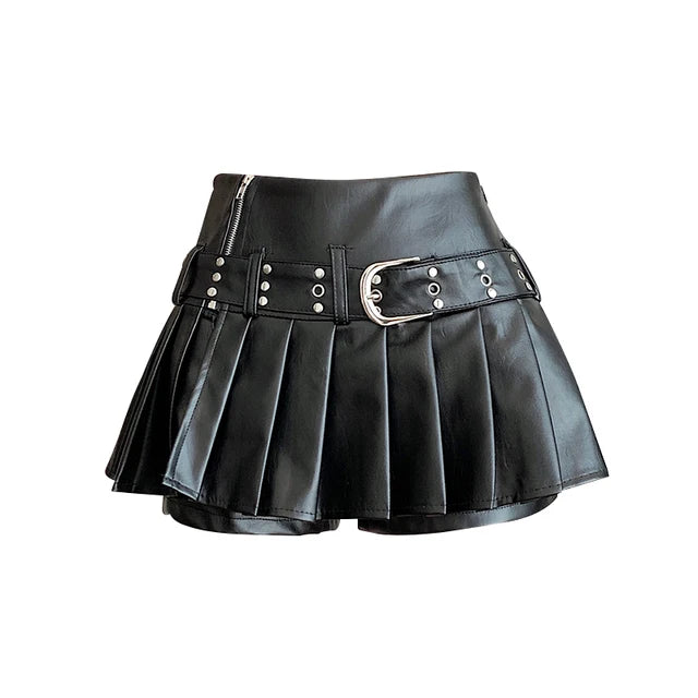 Women's Black Gothic A-line Pleated Leather Skirt Y2k Mini Shorts Skirts Harajuku Korean Emo Skirt 2000s Vintage Clothes Summer Black
