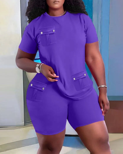 Women Two Piece Shorts Sets Solid Round Neck T Shirts Pockets Elastic Waist Short Trousers Suits Leisure Ladies 2025 Summer
