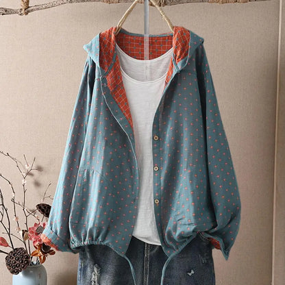 Women Spring Autumn Coat Hooded Drawstring Hem Long Sleeve Printing Loose Zipper Closure Jacket with Pockets Daily Wear Commutin