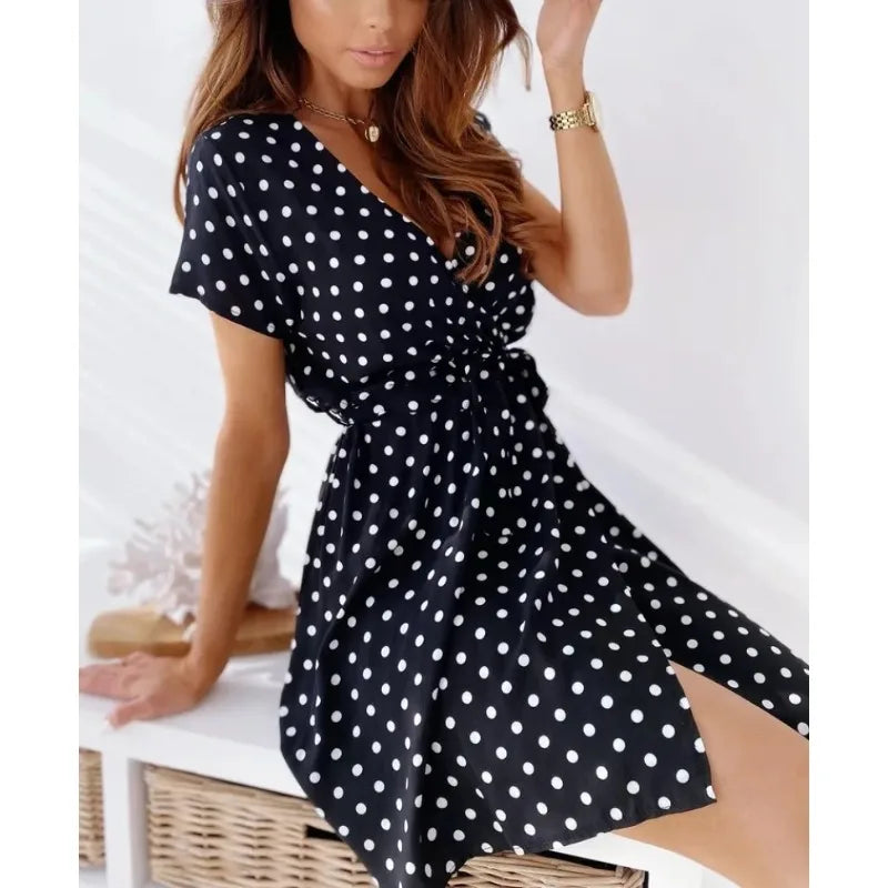 Summer Women's Polka Dot Printed Short Sleeved Casual Dress Fashionable V-neck Belt Commuting Dress Holiday Party Women's Dress