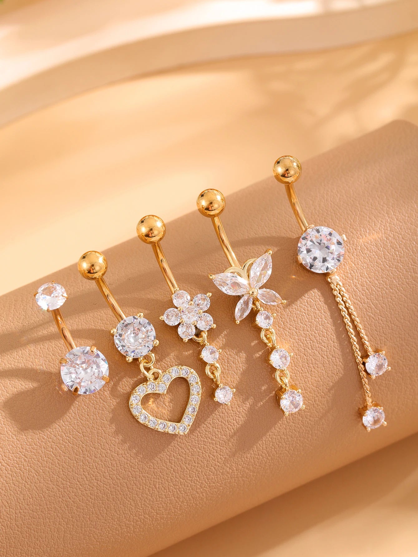 14G Gold Color Series Butterfly Dangled Belly Piercing Sets 5PCS/Lot Heart Flower Curved Navel Navel Ring Belly Button Rings