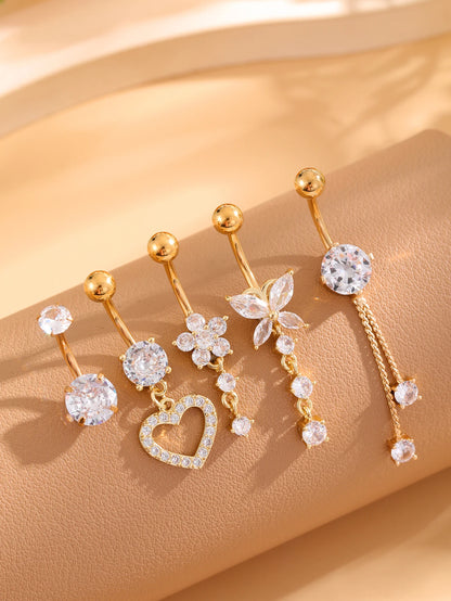 14G Gold Color Series Butterfly Dangled Belly Piercing Sets 5PCS/Lot Heart Flower Curved Navel Navel Ring Belly Button Rings