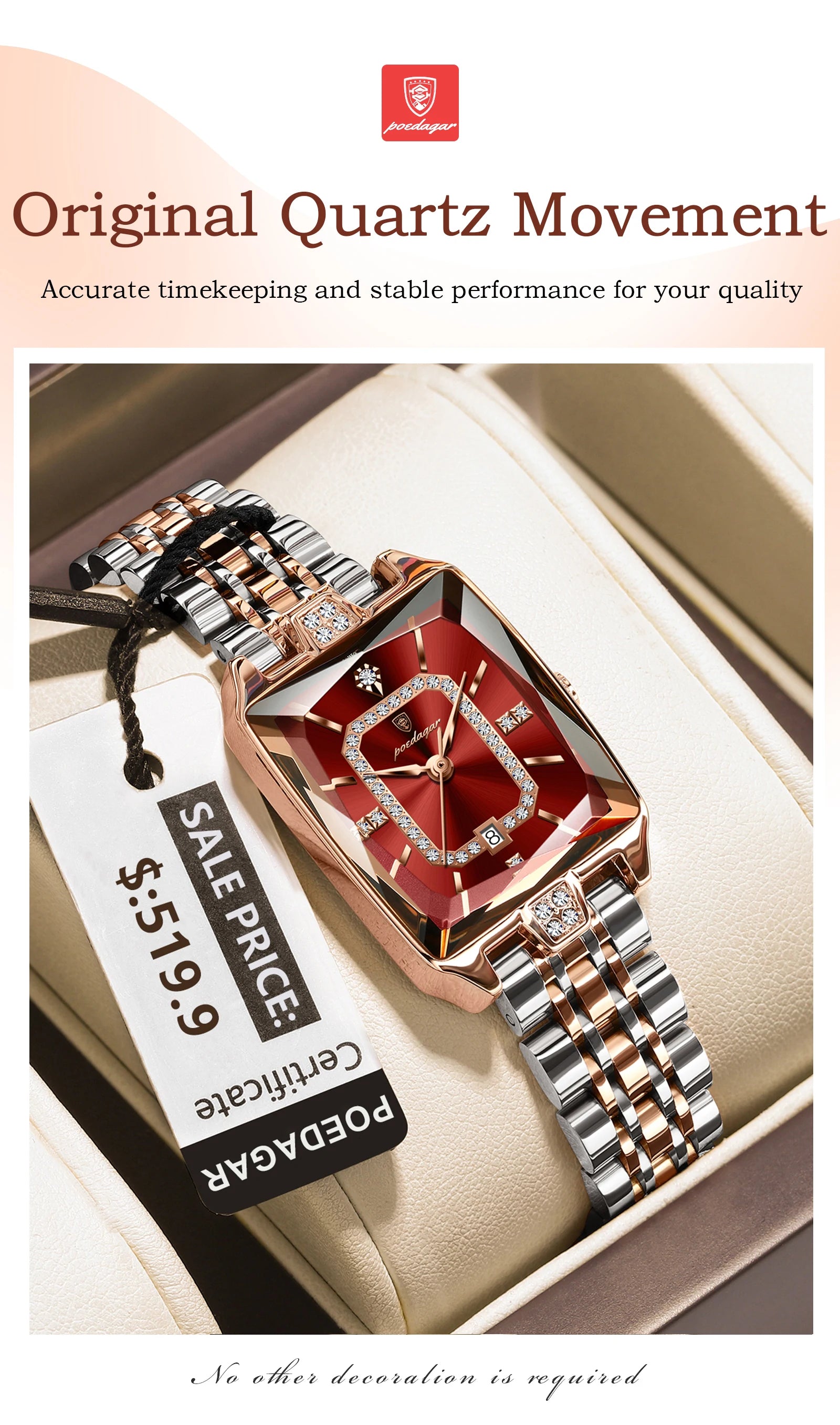 POEDAGAR Luxury Watch For Woman Elegant Waterproof Calendar Ladies Watch Rectangle Stainless Steel Quartz Women's Watches Female