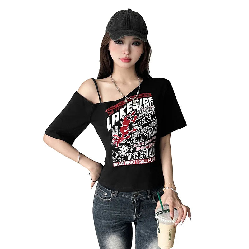 Gothic Tee Y2k Letter Print Off Shoulder Punk T-shirts Women Harajuku Summer Streetwear Grunge T Shirt Aesthetic Sexy Crop Tops