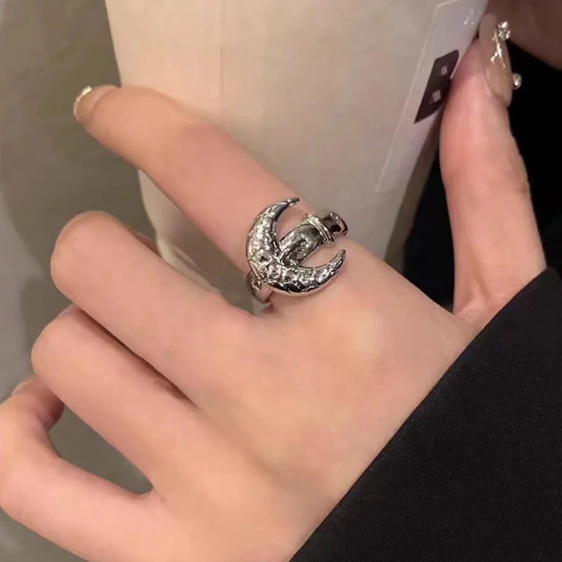 Y2K Moon Rose Ring Irregular Black Women Neo Gothic Hot Girl Design Sense Ring Anime Deep Red Moon Aesthetics Ring Jewelry Gift 04 silver color