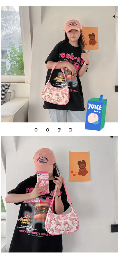Miniso Hello Kitty Underarm Bag for Women Y2K Sanrio Kuromi Mymelody Messenger Tote Bag Cute Girls Shoulder Bag Purses Handbag
