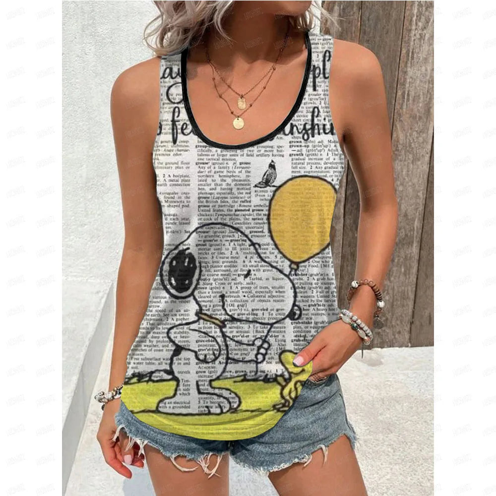 Women's Blouse black Shirts & Blouses Cartoon Snoopy Print Sleeveless Tops Loose V Neck Pulovers Summer Youthful Woman Clothes BXZ1GH01114