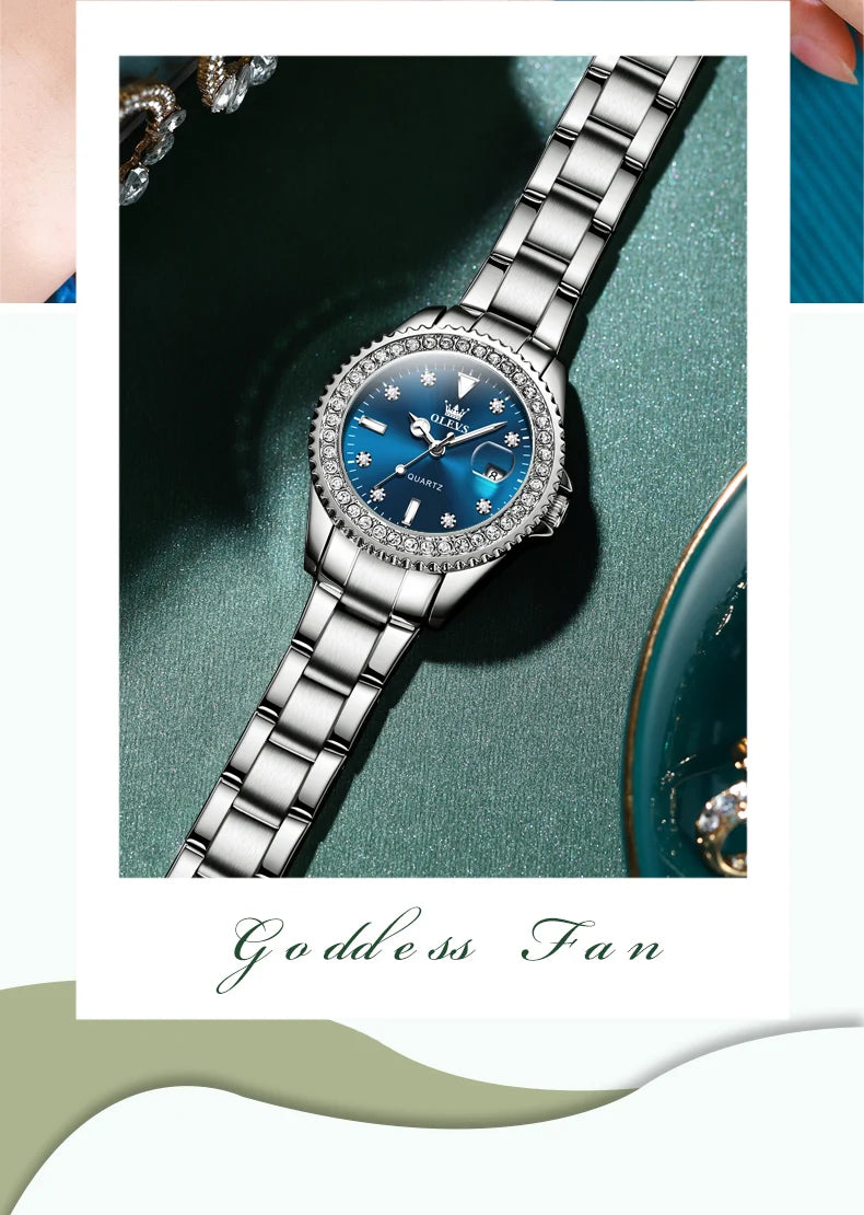 OLEVS Original Diamond Dial Quartz Watch for Women Fashion Elegant Ladies Watches Stainless Steel Waterproof Women's Wristwatch