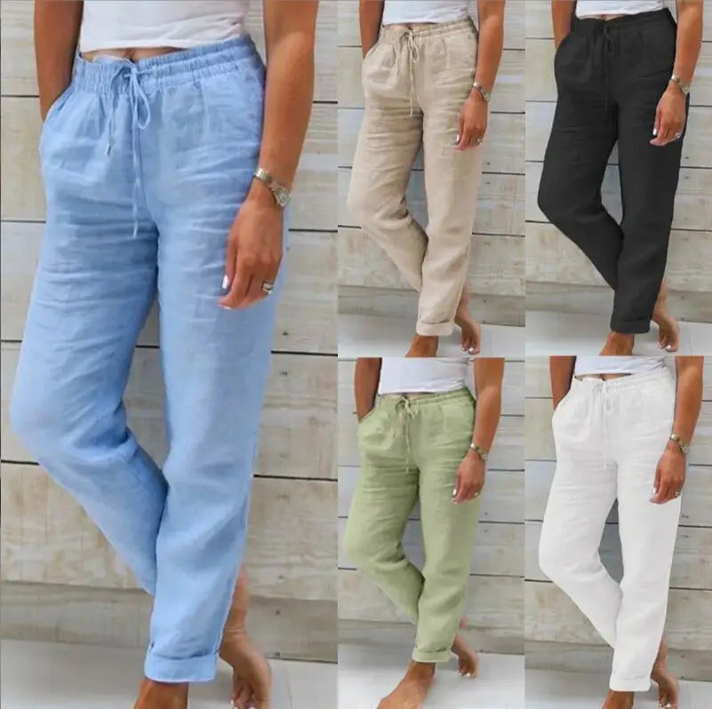Women Cotton Linen Pants Summer Female High Elastic Waist Drawstring Pocket Beachwear Holiday Straight Trousers JYFS-1044