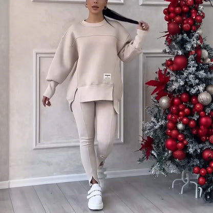 Women Two Piece Set Irregular Sweatshirt Long Sleeved Pullover Top Trouser Pants Set Autumn Winter Lady Solid Loose Outfits M L Khaki