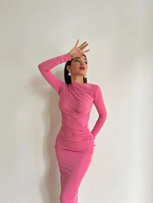 Sexy Bodycon Long Sleeve Midi Dress Women 2024 Autumn Slim Solid Party Package Hip Elegant Dresses For Women Robe Femme