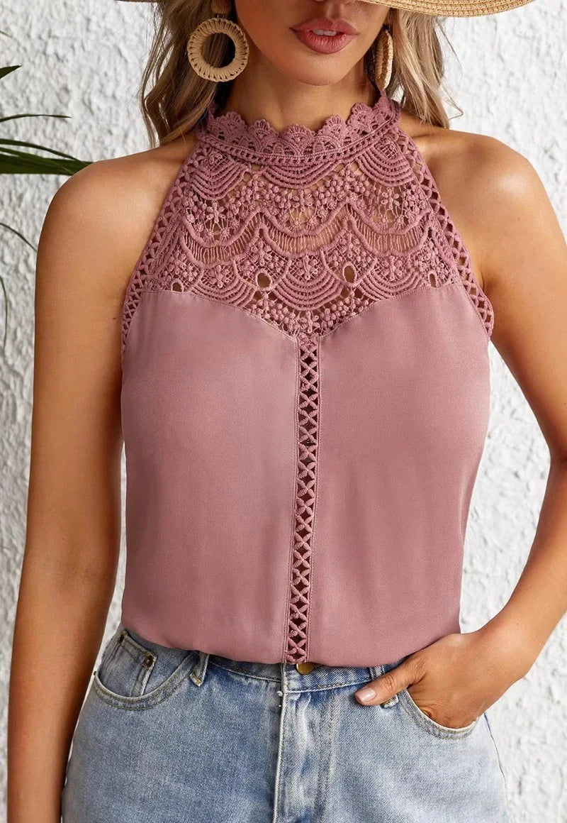 Elegant Sleeveless Women's Shirt 2024 Summer Fashion Hollow Lace Style Tank Top For Women Tops Bloues Camisas De Mulher AXR297