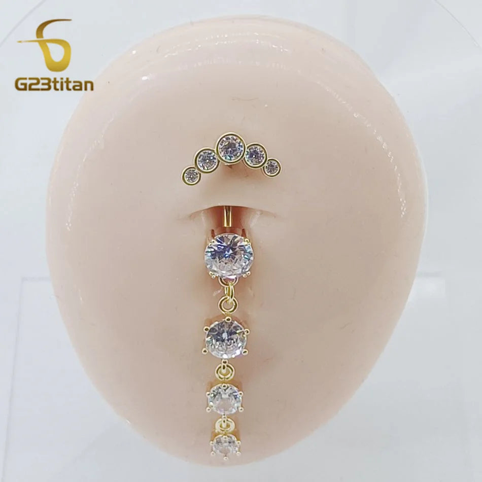 G23titan Long Zircon Pendant Dangle Belly Button Ring Surgical Titanium Navel Piercing Curved Barbell Anti allergic Body Jewelry Badiee Stylez
