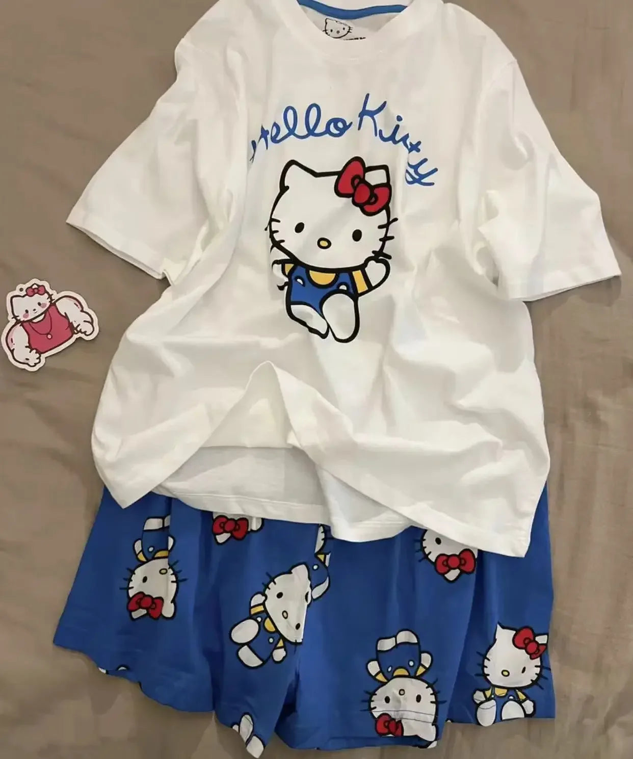 Hello Kitty Summer White & Blue Pajama Set Women's Short Sleeve Shorts with Lace Accents Soft Breathable Loungewear Home Comfort