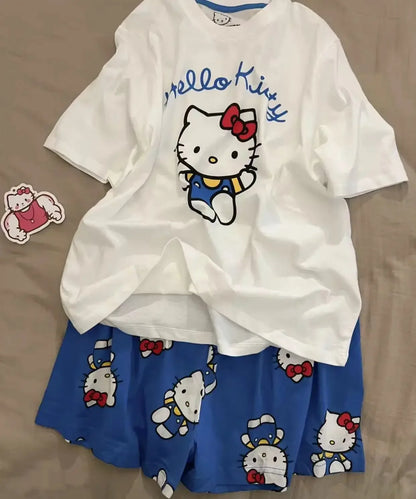 Hello Kitty Summer White & Blue Pajama Set Women's Short Sleeve Shorts with Lace Accents Soft Breathable Loungewear Home Comfort