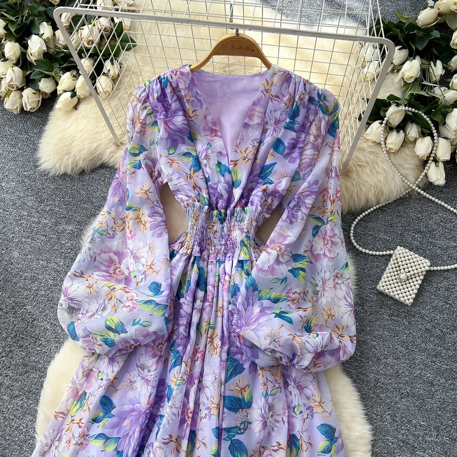 Chic vintage long sleeve lantern sleeve V-neck print pleated Elegant Fairy korean dress women clothing Long dress