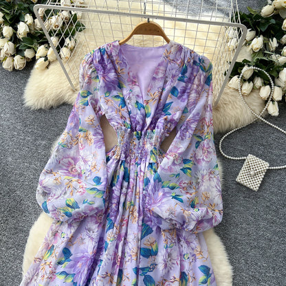 Chic vintage long sleeve lantern sleeve V-neck print pleated Elegant Fairy korean dress women clothing Long dress