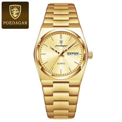 POEDAGAR Original New Woman Watch Stainless Steel Waterproof Luminous Ladies Wristwatch Date Week Elegant Quartz Women's Watches 786 Gold Gold