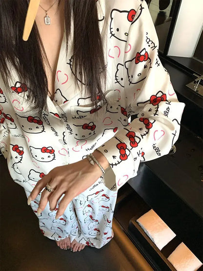 Hello Kitty Pajama Set Cute Cartoon Long Sleeve Sleep Clothing Sanrio Home/Outdoor Loungewear Pajamas Birthday Gift