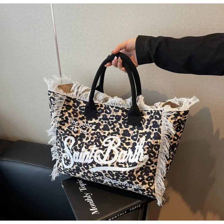 European and American Letters Tassel Canvas Bag Arge Capacity Handbags Travel Women Beach Tote Bag Fashion Casual Shopping Bags