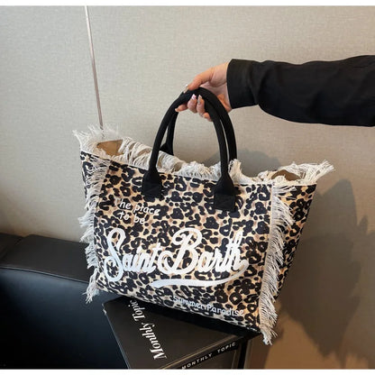 European and American Letters Tassel Canvas Bag Arge Capacity Handbags Travel Women Beach Tote Bag Fashion Casual Shopping Bags