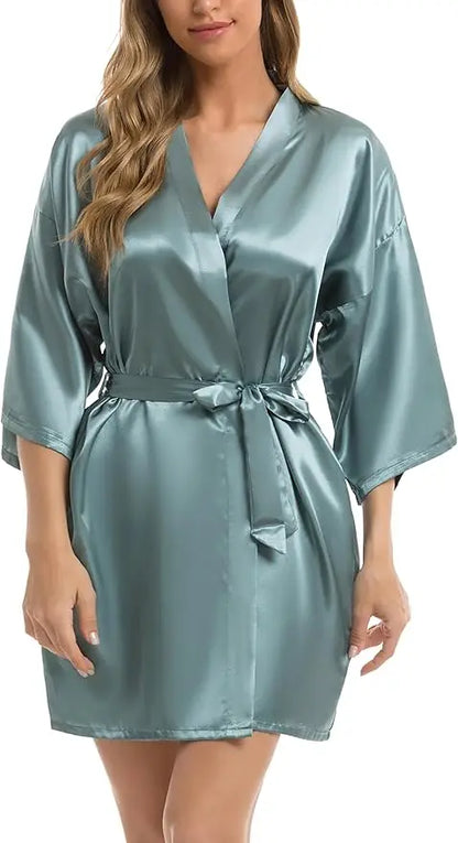 Womens Kimono Robes Dressing Gown Satin Bathrobe Nightdress Short Style Bridal Robe As the photo show 7