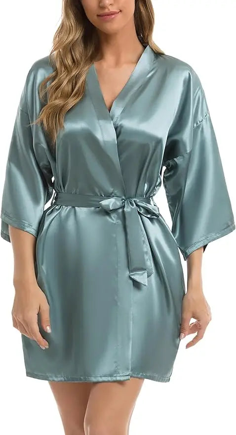 Womens Kimono Robes Dressing Gown Satin Bathrobe Nightdress Short Style Bridal Robe As the photo show 7
